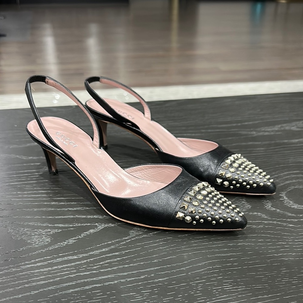 Gucci Black and Pink Studded Slingback Heels